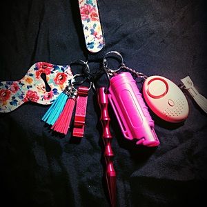 Each keychain features multiple self defense items